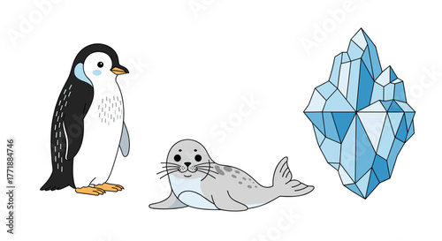 Vector  cartoon depiction featuring a penguin, a seal, and a large iceberg in a simple illustration