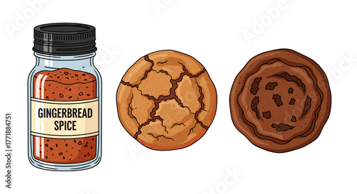Vector  gingerbread spice jar with black lid alongside two oval shaped gingerbread cookies displayed