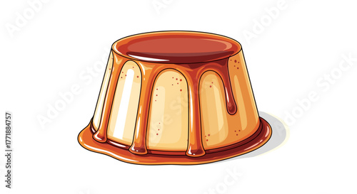 Vector  illustration of a caramel custard dessert with dripping sauce on a plain surface view image