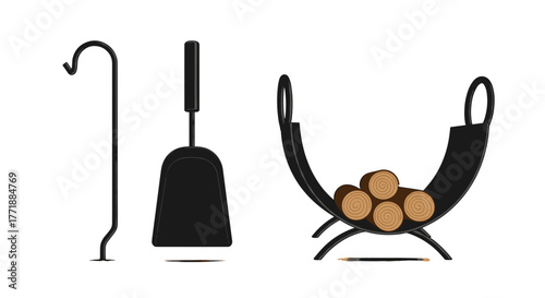 Vector  illustration of a fireplace tool set including a poker, shovel, and log holder with logs