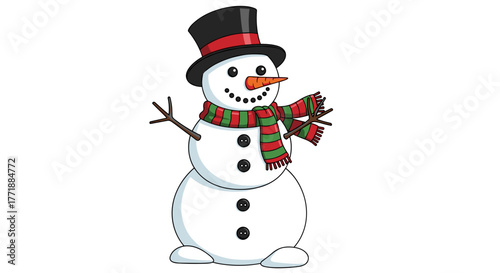 Vector  illustration of a snowman wearing a hat and scarf with a carrot nose and coal buttons