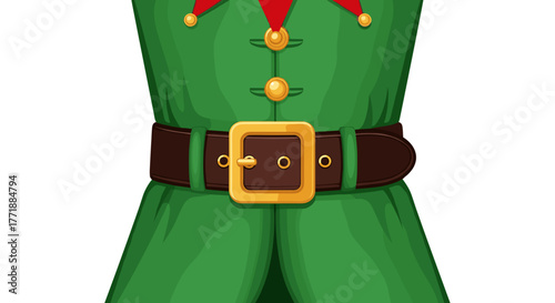 Vector  close up of a green elf costume with a brown belt and gold buckle and buttons on the outfit