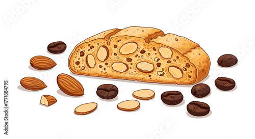 Vector  a biscotti slice with almonds, almond pieces, and coffee beans scattered around the biscotti