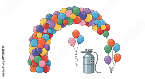 Vector  illustration of a balloon arch with a helium tank and several bunches of balloons nearby
