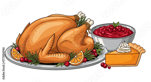 Vector  a thanksgiving feast featuring a roasted turkey, cranberry sauce, and pumpkin pie slice dish meal