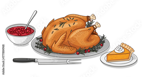 Vector  roasted turkey on a platter with cranberry sauce and pumpkin pie for a festive thanksgiving meal
