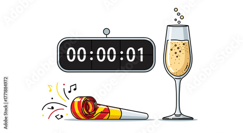 Vector  illustration showcasing a digital clock showing one second, a champagne flute, and party horn.
