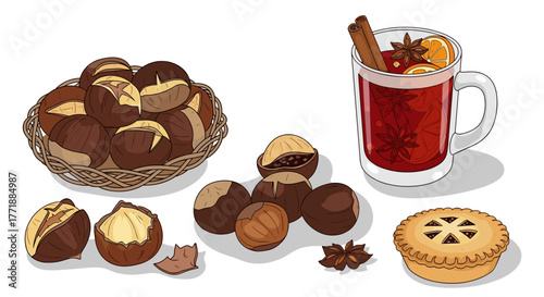 Vector  still life featuring chestnuts in a basket, mulled beverage, spice, and a miniature pie dish