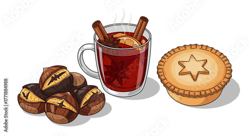 Vector  illustration of mulled beverage with cinnamon sticks, star anise, and orange slice, along with chestnuts and pie