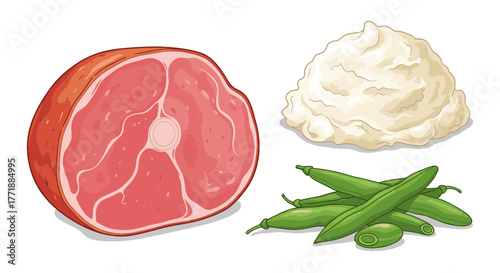 Vector  illustration showing a cut of meat, mashed potatoes, and a small pile of green beans neatly arranged