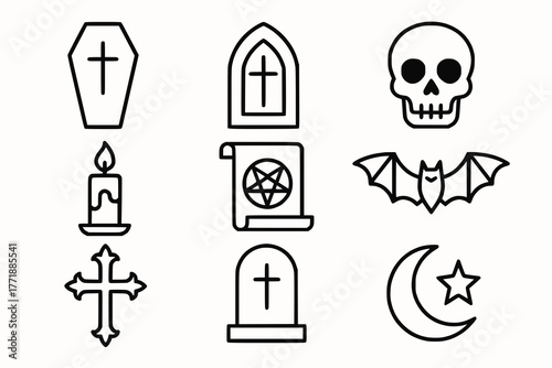 Black and white gothic icons with occult and supernatural symbols in grid layout