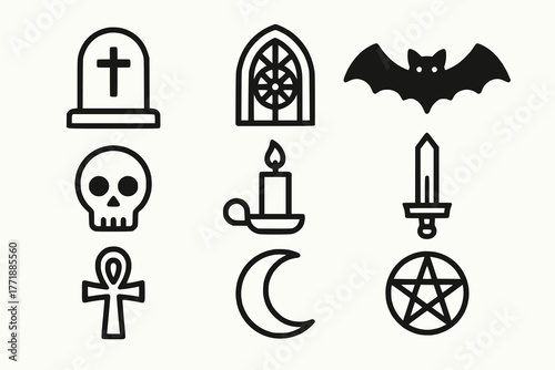 Black and white gothic icons with occult and supernatural symbols in grid layout
