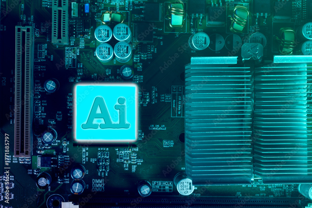 Fototapeta premium AI symbol on blue technology computer background representing artificial intelligence