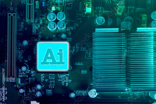 AI symbol on blue technology computer background representing artificial intelligence