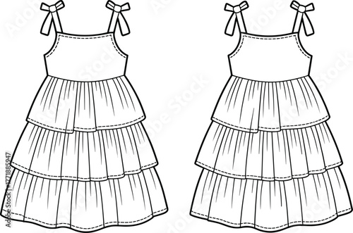 Girl’s tiered bow strap dress, gathered skirt fashion design, children’s apparel sketch, stylish garment illustration, technical flat drawing, kids clothing template
