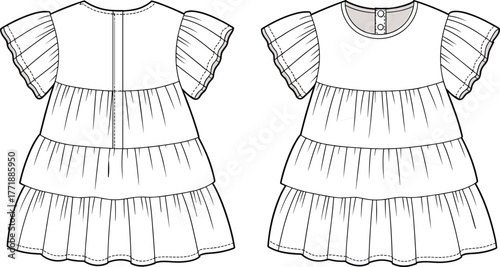 Girl’s tiered ruffle sleeve dress, gathered skirt fashion design, children’s apparel sketch, stylish garment illustration, technical flat drawing, kids clothing template