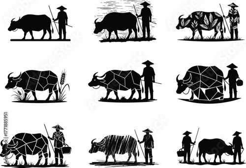 Asian farmer with water buffalo silhouette vector illustration, abstract geometric style, rural agriculture concept, countryside lifestyle art, traditional farming design.