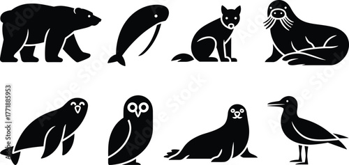 Arctic wildlife animal silhouettes collection, polar bear, walrus, seal, fox, owl, whale, bird, minimalist vector illustration design, isolated icons set