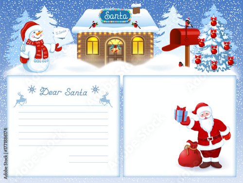 Letter to Santa Template with Wish List and cartoon funny Santa Claus and Snowman with Christmas Envelope against winter forest background with Santa's workshop house.