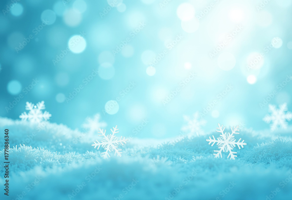 Naklejka premium Snowflakes gently resting on a soft, fluffy blanket of snow, illuminated by a serene blue background with shimmering bokeh lights creating a tranquil winter atmosphere
