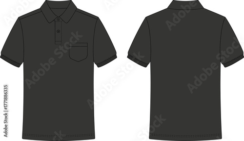 Black polo shirt front and back technical flat view, short sleeve collar t-shirt with pocket detail, modern fashion vector illustration
