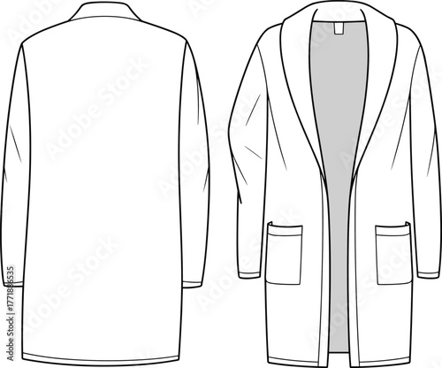 Long open-front cardigan illustration, shawl collar coat sketch, fashion technical drawing, front and back view, garment construction template, professional apparel design