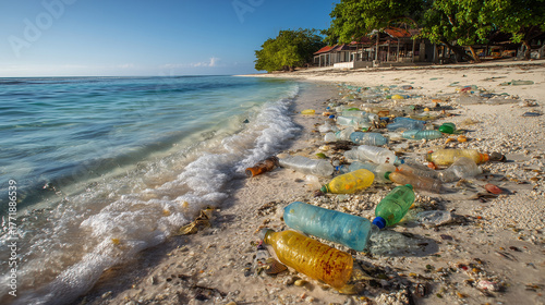 La pollution d'une plage avec des déchets plastiques, tels que des bouteilles