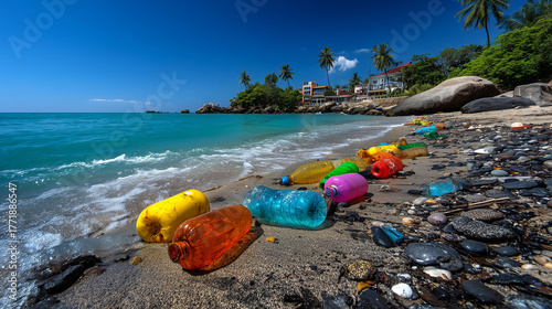 La pollution d'une plage avec des déchets plastiques, tels que des bouteilles
