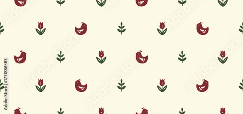 Bird and flower rustic seamless vector pattern