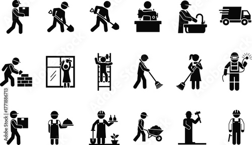 Black worker icon set, construction, delivery, cleaning, and industrial professions vector illustration, people occupation silhouette design collection for labor, service, and maintenance themes