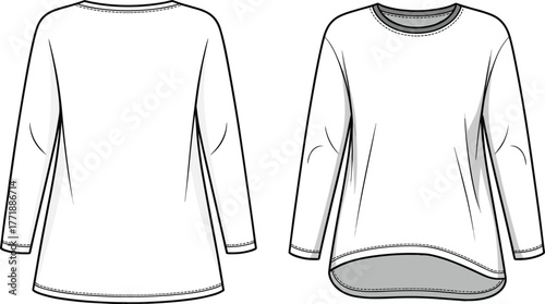 Long sleeve high low hem top, round neckline fashion sketch, relaxed fit apparel design, women’s clothing illustration, stylish garment drawing, technical flat template
