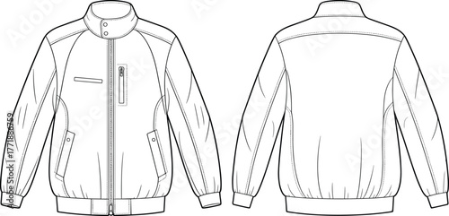 Bomber jacket front and back view detailed technical flat sketch, stylish outerwear fashion design template, cad drawing flat vector illustration