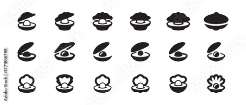 Open oyster shell icon set, oyster shell graphic symbol, pearl simple flat design, open oyster shell websites and app designs, vector illustration EPS 10.