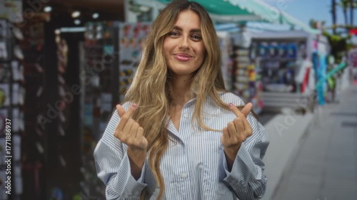 Wallpaper Mural Blonde woman smiling and making finger heart gesture at bustling market stall; love affection joy flirtation. Torontodigital.ca