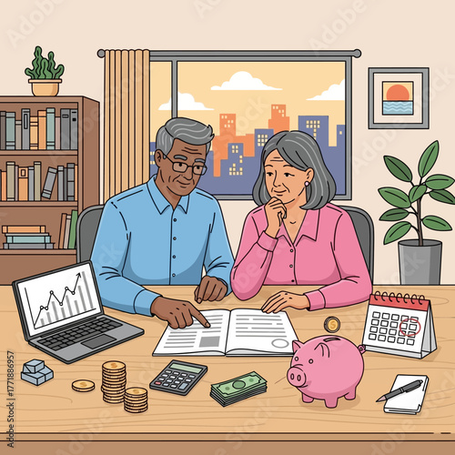 Elderly couple planning finances at desk with laptop piggy bank and calendar showing planning