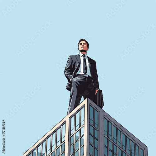 Businessperson dressed sharply gazes from the rooftop of a tall building