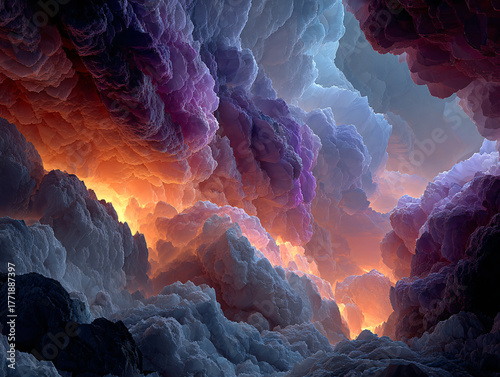 a surreal, otherworldly landscape with a mix of purple, orange, and blue hues. The scene appears to be a digital artwork, featuring abstract, mountain-like formations and a dramatic sky