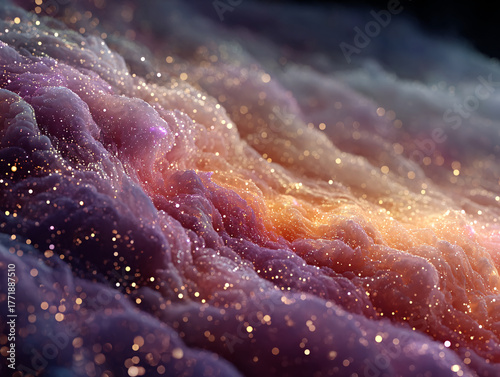 a surreal, otherworldly landscape with a mix of purple, orange, and blue hues. The scene appears to be a digital artwork, featuring abstract, mountain-like formations and a dramatic sky