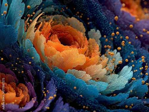 a surreal, otherworldly landscape with a mix of purple, orange, and blue hues. The scene appears to be a digital artwork, featuring abstract, mountain-like formations and a dramatic sky