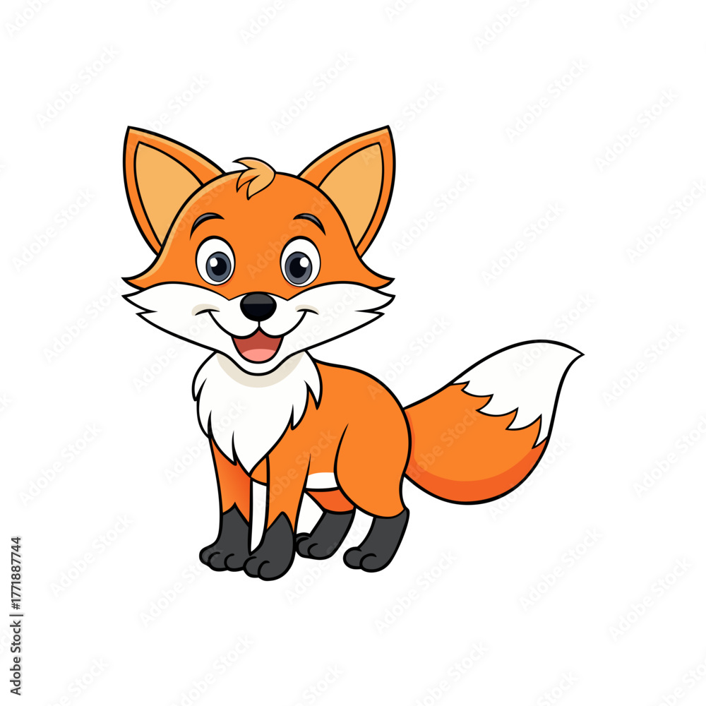 Fototapeta premium Adorable cartoon fox with bushy tail and friendly smile on black background