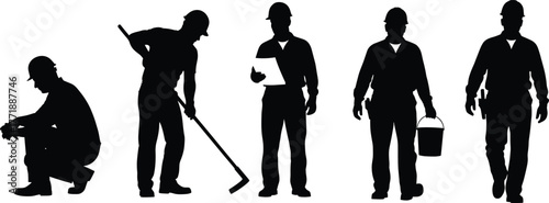 Construction workers silhouette set vector illustration, industrial labor people in uniform and safety helmets working on site, teamwork, repair and building concept