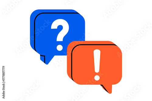 Hand drawn cute illustration speech bubbles with exclamation mark and question mark. Flat vector answer the question doodle. Social media icon. Contact with support. QA service. Isolated.
