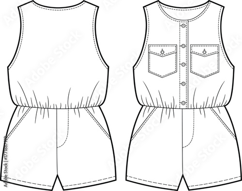 Sleeveless romper fashion design, button front bodice, gathered waistline sketch, women’s apparel illustration, stylish garment drawing, technical flat template, casual clothing