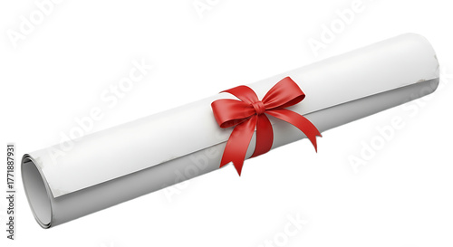 A white rolled document tied with a red ribbon displayed on a black background in a studio shot