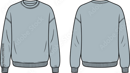 Crewneck sweatshirt front and back flat sketch, casual unisex pullover design template with ribbed cuffs and hem, cad drawing flat vector illustration