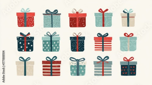 A collection of ten stylized, illustrated gift boxes wrapped with patterned paper and bows, featuring a color palette of red, blue, and teal on a light textured background.
