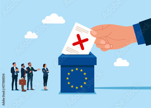 Against everyone, I vote for no one. Voting in European Union. Hand putting paper ballots to election box. Vector flat illustration
