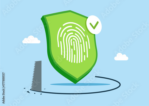 Theft, fraud and failure account login. Thief sawing the floor to fingerprint scan for authorization, identity. Flat vector illustration.