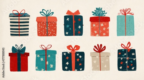 A collection of ten stylized, illustrated gift boxes wrapped with patterned paper and bows, featuring a color palette of red, blue, and teal on a light textured background.