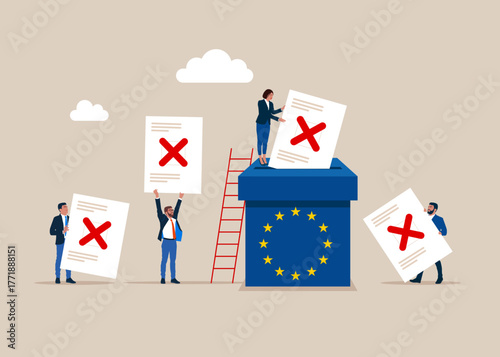 Against everyone, I vote for no one. Ballot box and voters. Voting in European Union. Paper ballots to election box. Democracy Freedom Concept. Flat vector illustration